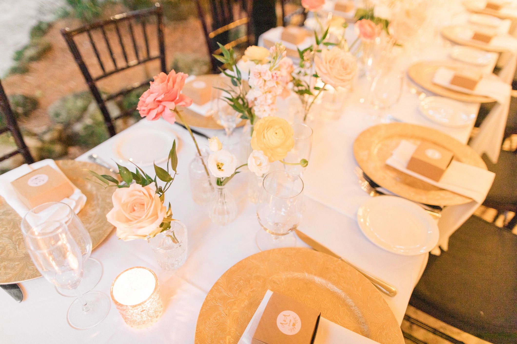Wedding banquet table with floral centerpiece