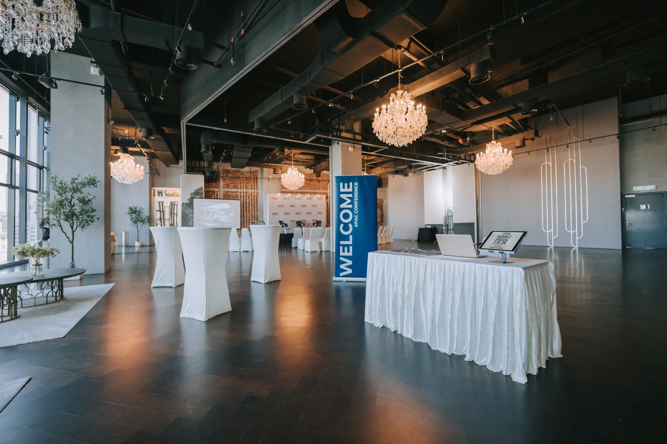 Luxury event registration counter with tablet display