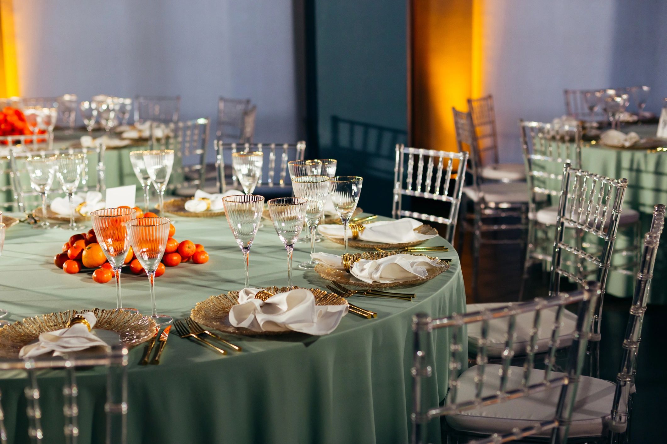 Elegant event room prepared for a private dinner reception